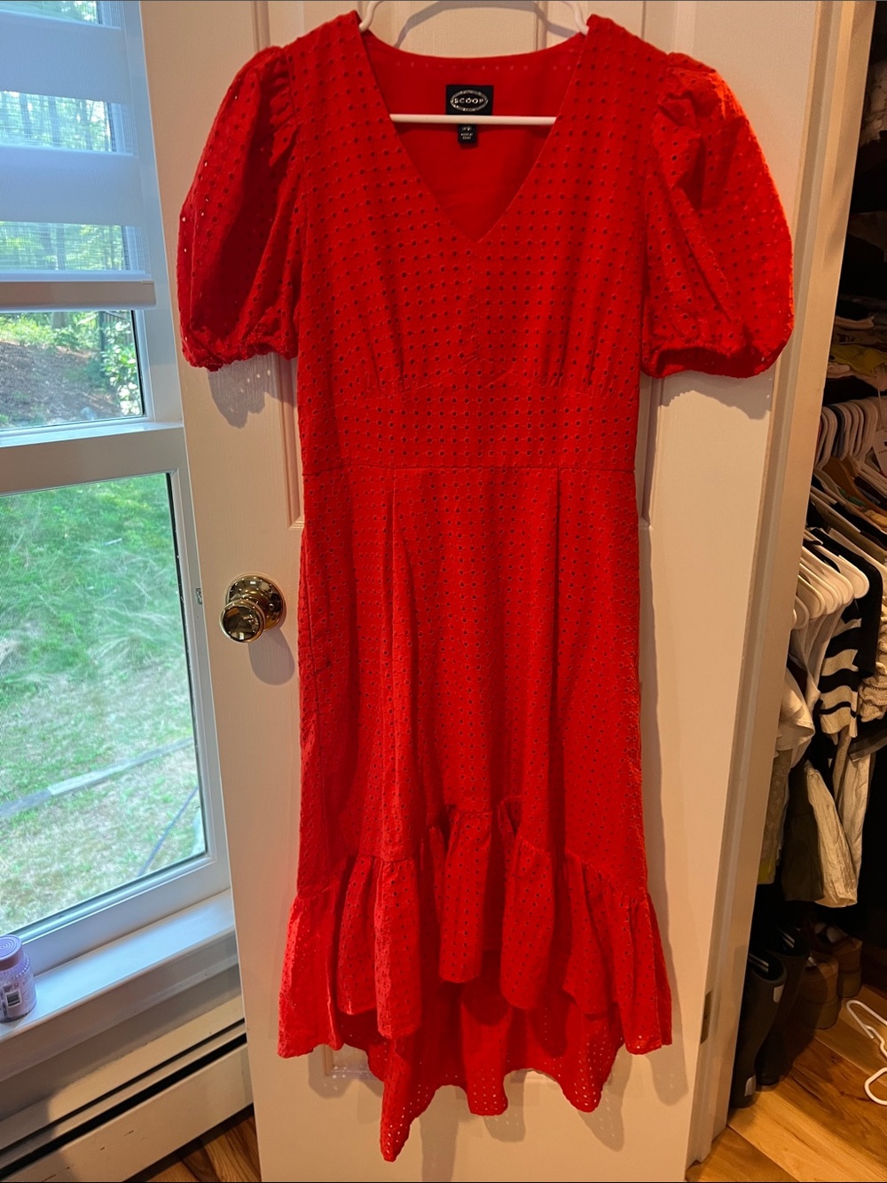 Red Puff-Sleeve Eyelet Asymmetrical Midi Dress